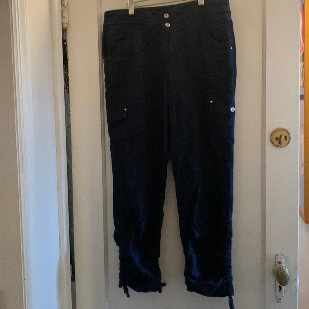 INC International Concept Navy Linen Cargo Pants size 10 Lots of details